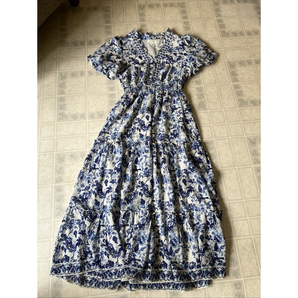 Max Studio Dress Blue Floral Smocked Waist Puffed Sleeve Med Smocked Waist Boho